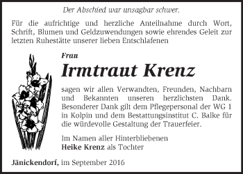 Traueranzeige von Irmtraut Krenz von Märkische Oderzeitung