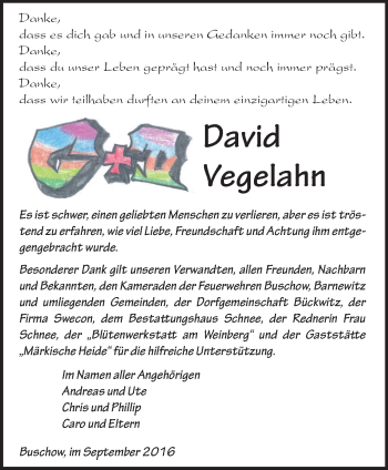 Traueranzeige von David Vegelahn von Märkische Oderzeitung