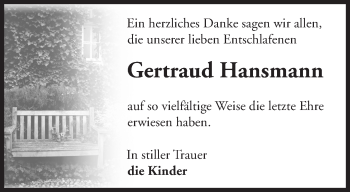 Traueranzeige von Gertraud Hansmann von Märkische Oderzeitung