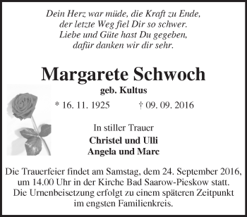 Traueranzeige von Margarete Schwoch von Märkische Oderzeitung