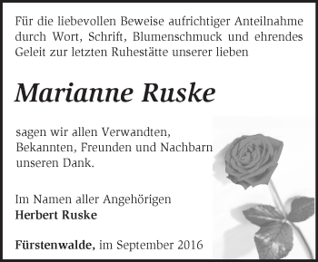 Traueranzeige von Marianne Ruske von Märkische Oderzeitung