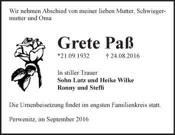 Traueranzeige von Grete Paß von Märkische Oderzeitung