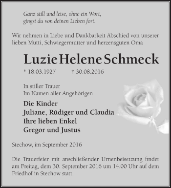 Traueranzeige von Luzie Helene Schmeck von Märkische Oderzeitung