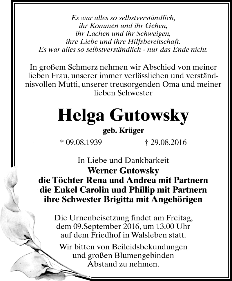  Traueranzeige für Helga Gutowsky vom 01.09.2016 aus Märkische Oderzeitung