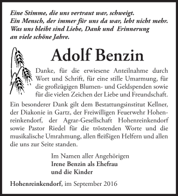 Traueranzeige von Adolf Benzin von Märkische Oderzeitung