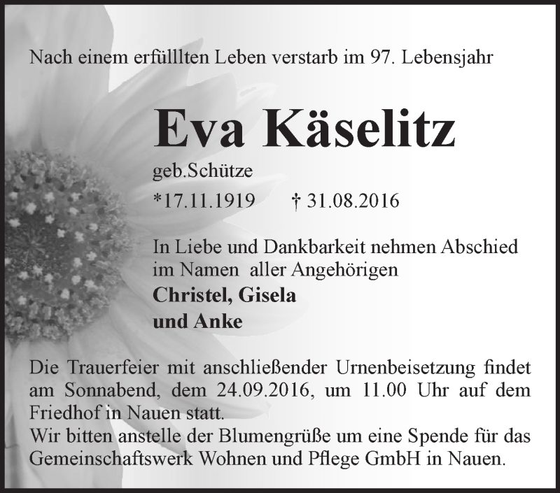  Traueranzeige für Eva Käselitz vom 11.09.2016 aus Märkische Oderzeitung