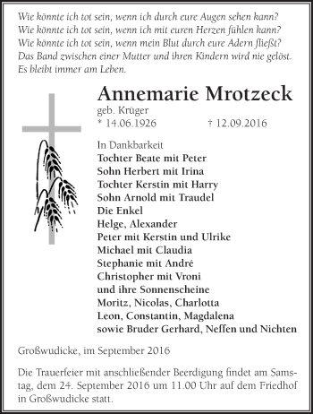 Traueranzeige von Annemarie Mrotzeck von Märkische Oderzeitung