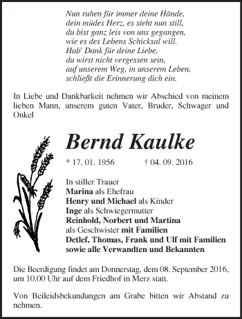 Traueranzeige von Bernd Kaulke von Märkische Oderzeitung