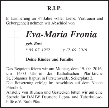 Traueranzeige von Eva Maria Fronia von Märkische Oderzeitung