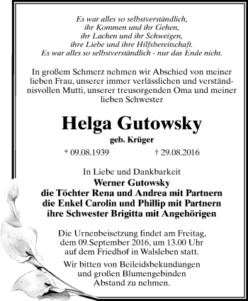 Traueranzeige von Helga Gutowsky von Märkische Oderzeitung