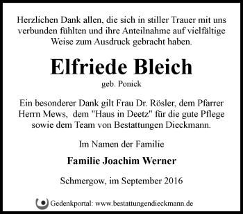 Traueranzeige von Elfriede Bleich von Märkische Oderzeitung