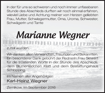 Traueranzeige von Marianne Wegner von Märkische Oderzeitung