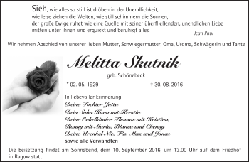 Traueranzeige von Melitta Skutnik von Märkische Oderzeitung