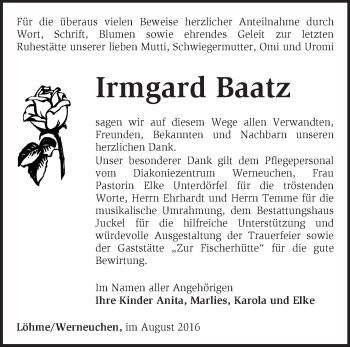 Traueranzeige von Irmgard Baatz von Märkische Oderzeitung