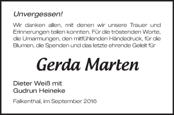 Traueranzeige von Gerda Marten von Märkische Oderzeitung