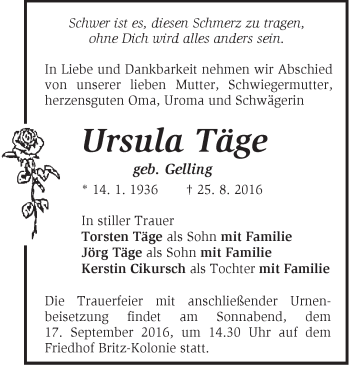 Traueranzeige von Ursula Täge von Märkische Oderzeitung