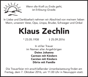 Traueranzeige von Klaus Zechlin von Märkische Oderzeitung