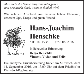 Traueranzeige von Hans-Joachim Henschke von Märkische Oderzeitung