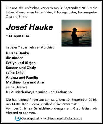 Traueranzeige von Josef Hauke von Märkische Oderzeitung