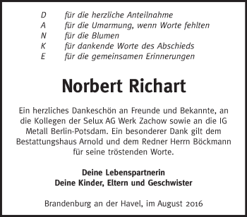 Traueranzeigen von Norbert Richart | Märkische Onlinezeitung Trauerportal