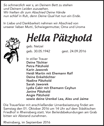 Traueranzeige von Hella Pätzhold von Märkische Oderzeitung