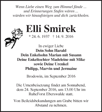 Traueranzeige von Elli Smirek von Märkische Oderzeitung