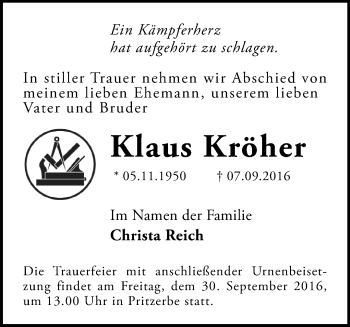 Traueranzeige von Klaus Kröher von Märkische Oderzeitung