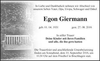 Traueranzeige von Egon Giermann von Märkische Oderzeitung