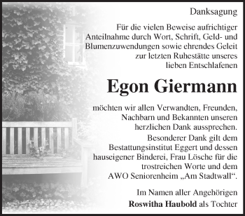 Traueranzeige von Egon Giermann von Märkische Oderzeitung