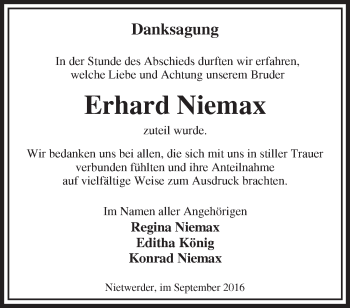 Traueranzeige von Erhard Niemax von Märkische Oderzeitung