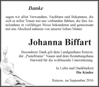 Traueranzeige von Johanna Biffart von Märkische Oderzeitung