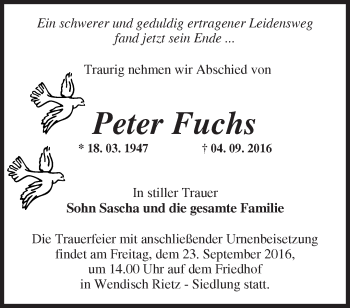 Traueranzeige von Peter Fuchs von Märkische Oderzeitung