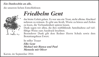 Traueranzeige von Friedhlem Gent von Märkische Oderzeitung