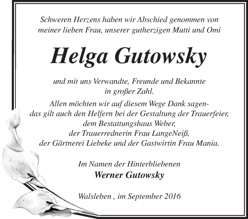  Traueranzeige für Helga Gutowsky vom 16.09.2016 aus Märkische Oderzeitung