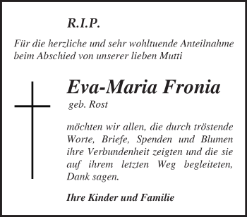 Traueranzeige von Eva-Maria Fronia von Märkische Oderzeitung