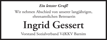 Traueranzeige von Ingrid Gessert von Märkische Oderzeitung