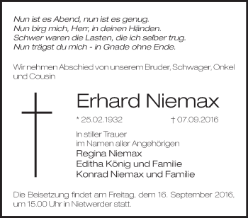 Traueranzeige von Erhard Niemax von Märkische Oderzeitung