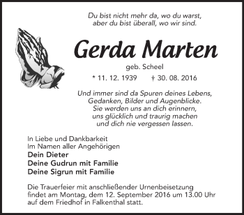 Traueranzeige von Gerda Marten von Märkische Oderzeitung