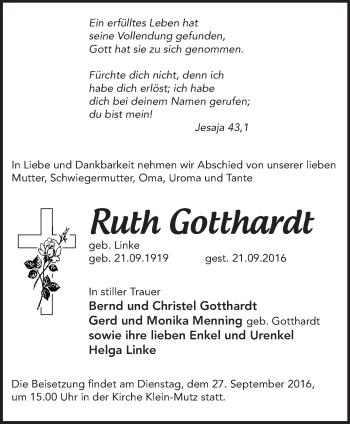 Traueranzeige von Ruth Gotthardt von Märkische Oderzeitung