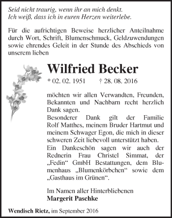 Traueranzeige von Wilfried Becker von Märkische Oderzeitung