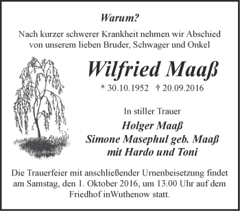 Traueranzeige von Wilfried Maaß von Märkische Oderzeitung