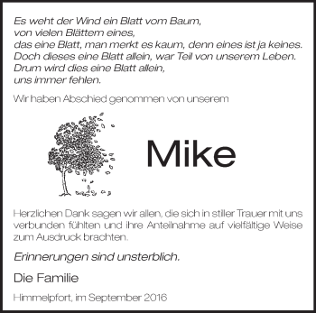 Traueranzeige von Mike  von Märkische Oderzeitung