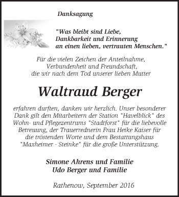 Traueranzeige von Waltraud Berger von Märkische Oderzeitung