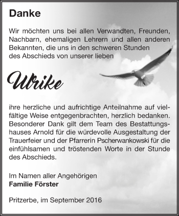 Traueranzeige von Ulrike Förster von Märkische Oderzeitung