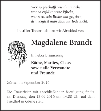 Traueranzeige von Magdalene Brandt von Märkische Oderzeitung