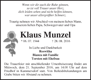 Traueranzeige von Klaus Munzel von Märkische Oderzeitung