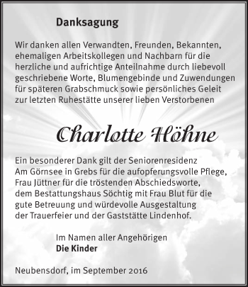 Traueranzeige von Charlotte Höhne von Märkische Oderzeitung