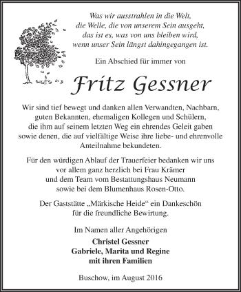 Traueranzeige von Fritz Gessner von Märkische Oderzeitung