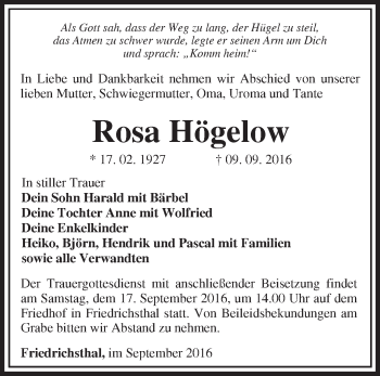 Traueranzeige von Rosa Högelow von Märkische Oderzeitung