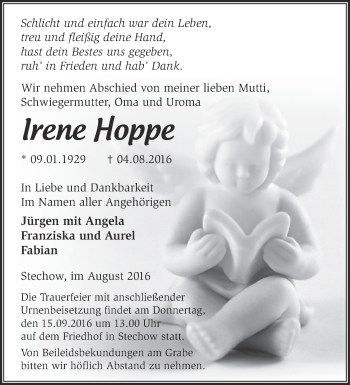 Traueranzeige von Irene Hoppe von Märkische Oderzeitung